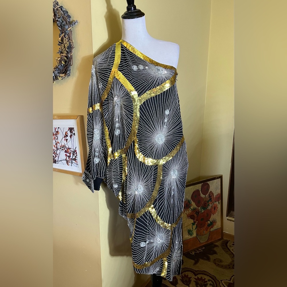 Vtg Disco Beaded Sequin Rhinestone Size Small Elegant Evening Gatsby 100% Silk